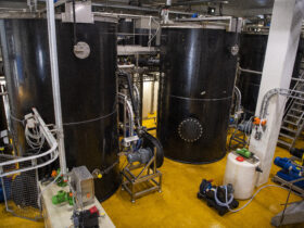 Bio-Aqua's 3 large flotation tanks processing fish oil and protein.